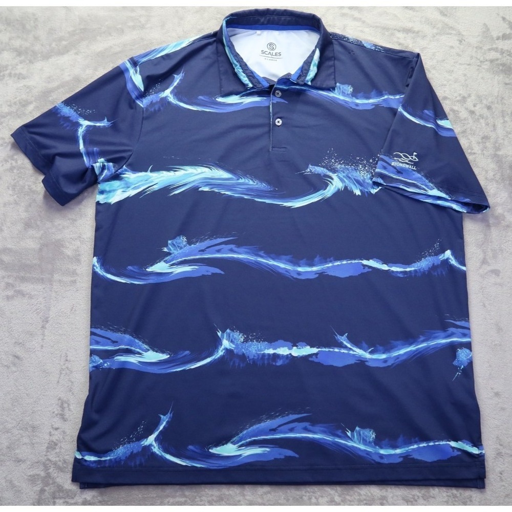 Scales Mens XL Performance Polo Shirt Blue Ocean Wave Print‎ Stonewall Golf Fish